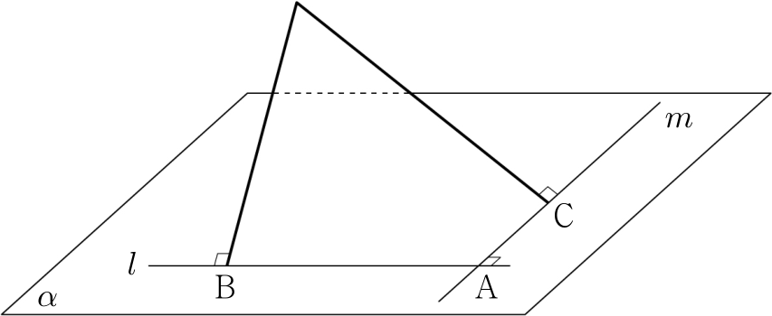 평면 α 위의 두 직선과 점 P, A, B, C가 표시된 공간도형