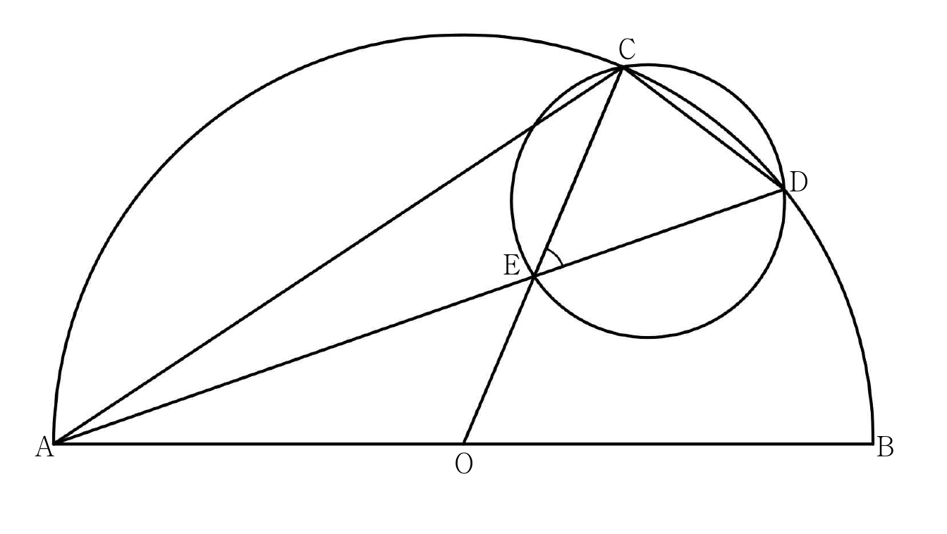 반원과 점 A, B, C, D, O, E 및 삼각형 CED의 관계