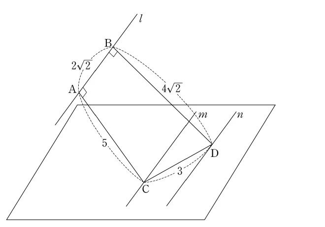 평행한 세 직선 l, m, n과 점 A, B, C, D의 공간도형