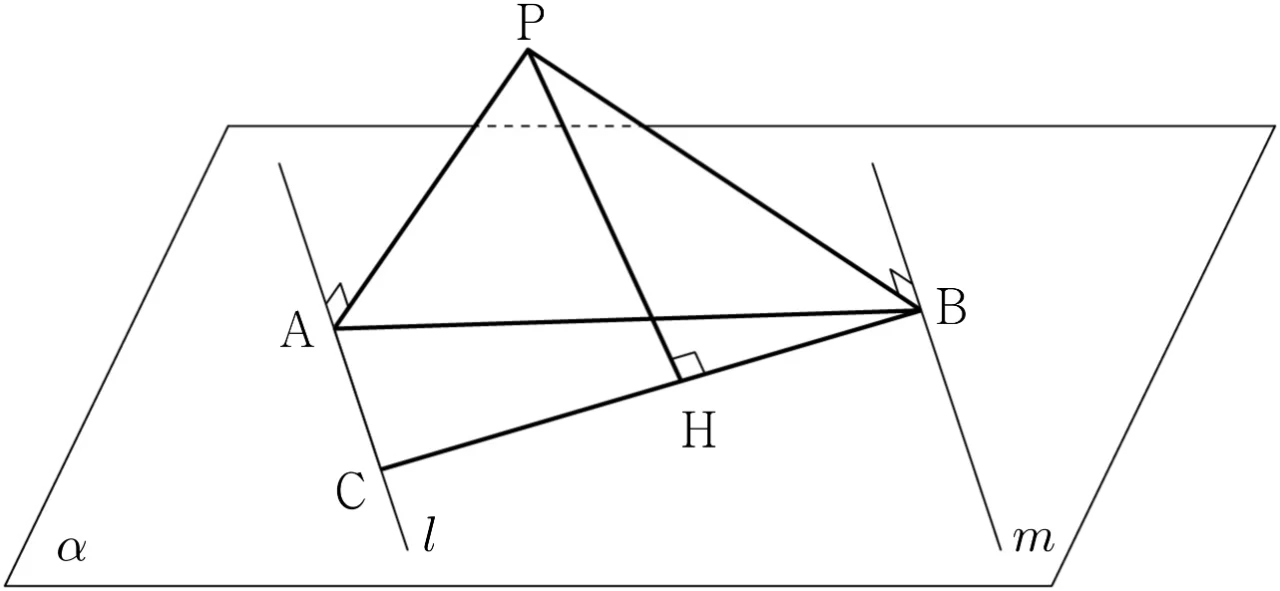 평면 α 위의 평행한 두 직선 l, m과 점 P, A, B, C, H의 관계