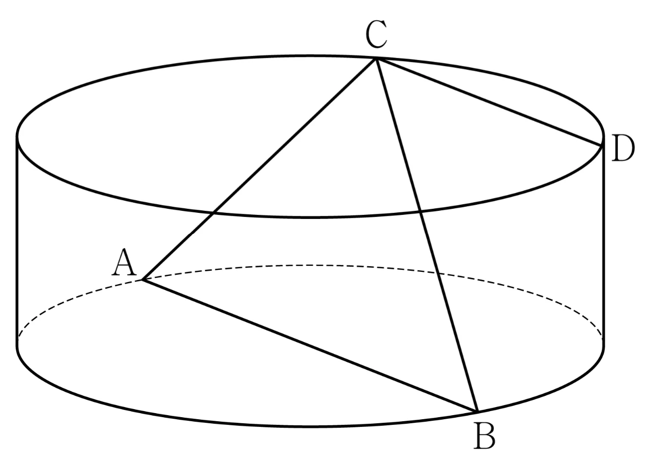 원기둥과 밑면 둘레 위의 점 A, B, C, D