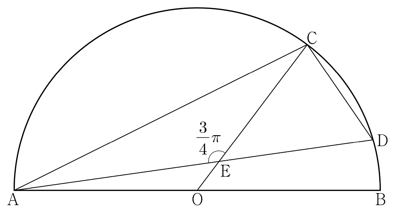 반원 위의 점 A, B, C, D와 중심 O, 교점 E 및 각 CEA